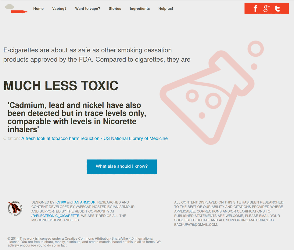A screenshot of the NotSoEducated website, reading E-cigarettes are about as safe as other smoking cessation products approved by the FDA. Compared to cigarettes, they are much less toxic. Quote. Cadmium, lead and nickel have also been detected but in trace levels only, comparable with levels in Nicorette inhalers. Citation. A fresh look at tobacco harm reduction - US National Library of Medicine