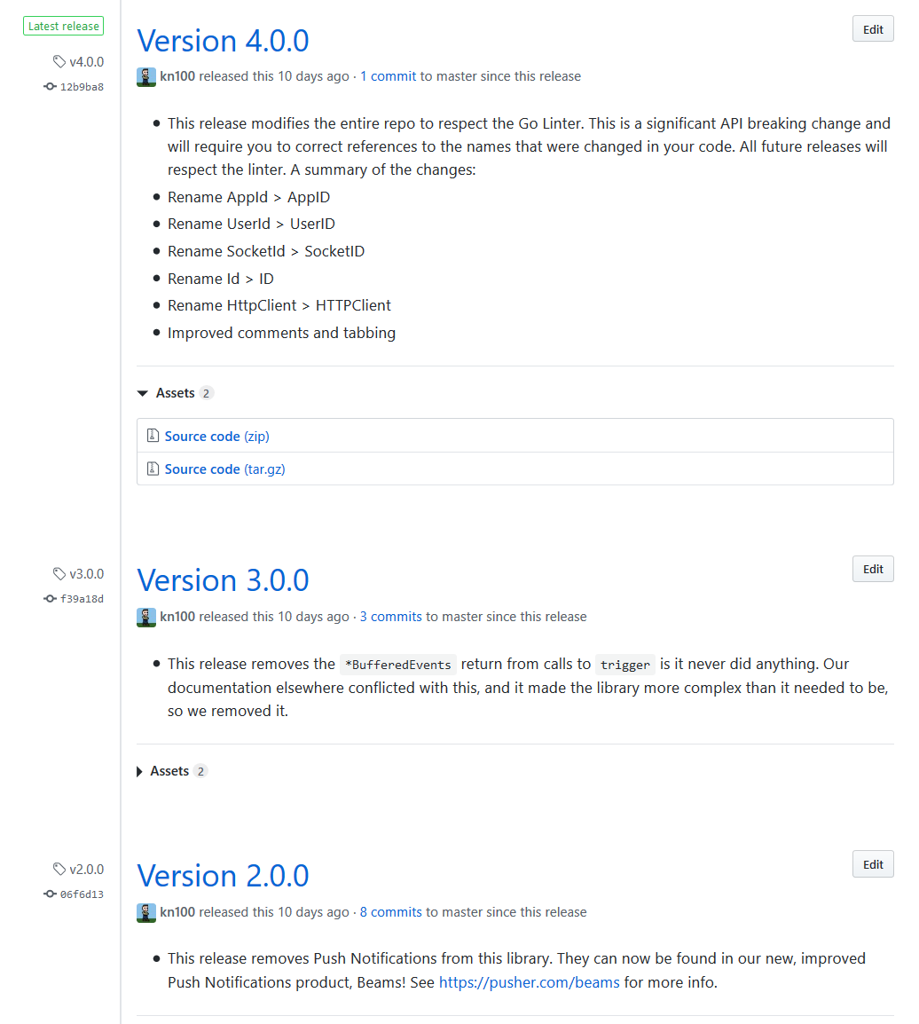 A screenshot of the Github Releases page for 'pusher-http-go'