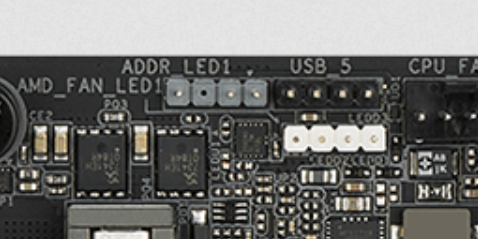 A photo showing the `USB-5` header on an Asrock B450m ITX-ac motherboard