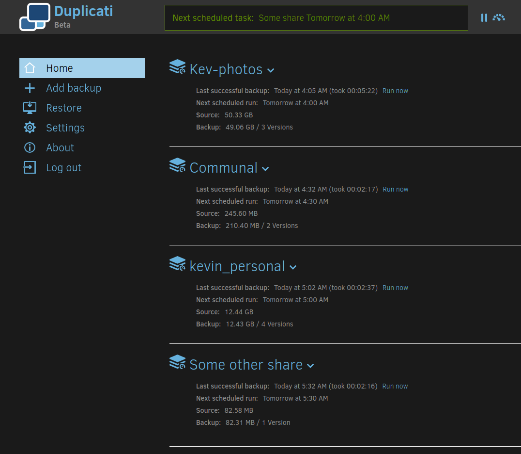 A screenshot of the Duplicati web interface, showing the 4 back ups I have configured