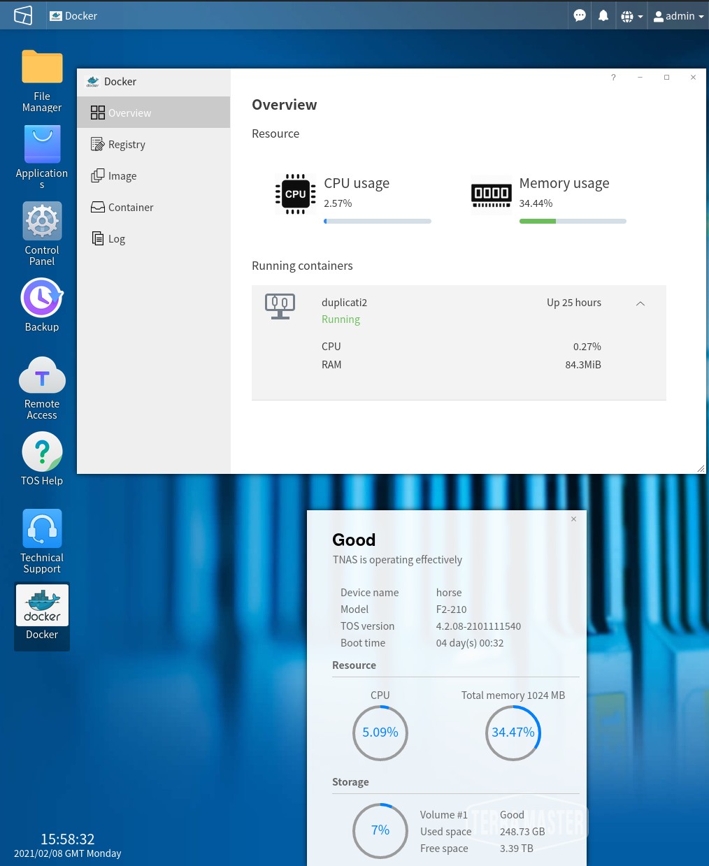 A screenshot of the Terramaster OS UI, showing a Docker container for Duplicati running