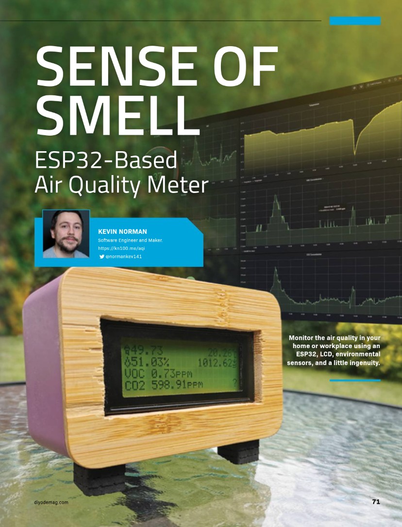 A photo of a page in Diyode magazine, featuring a photo of the Air Quality Meter