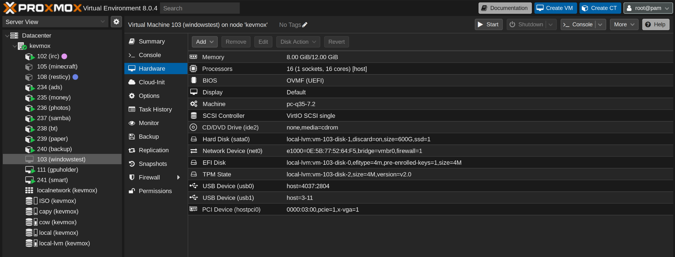 A screenshot of the Proxmox UI showing the setup described above