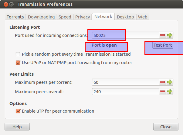 A screenshot showing the Transmission Bittorrent 'test open port' function