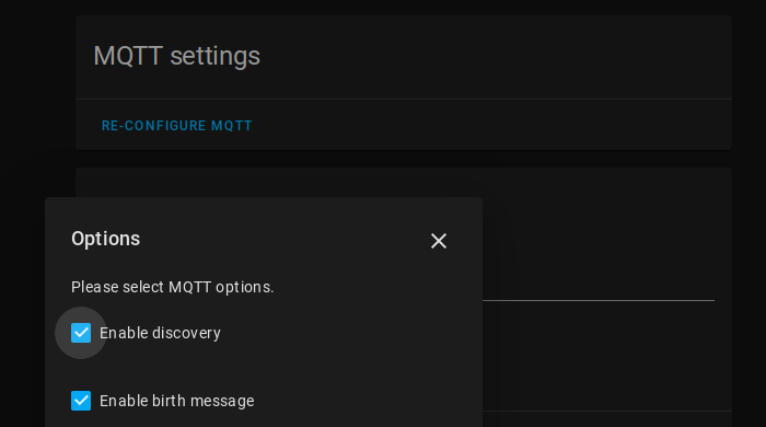 A screenshot showing MQTT Discovery in Home Assistant as being enabled