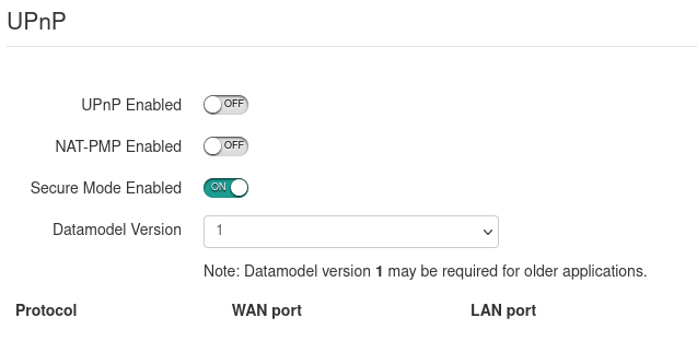 A screenshot showing both UPnP and NAT-PMP being disabled in my router